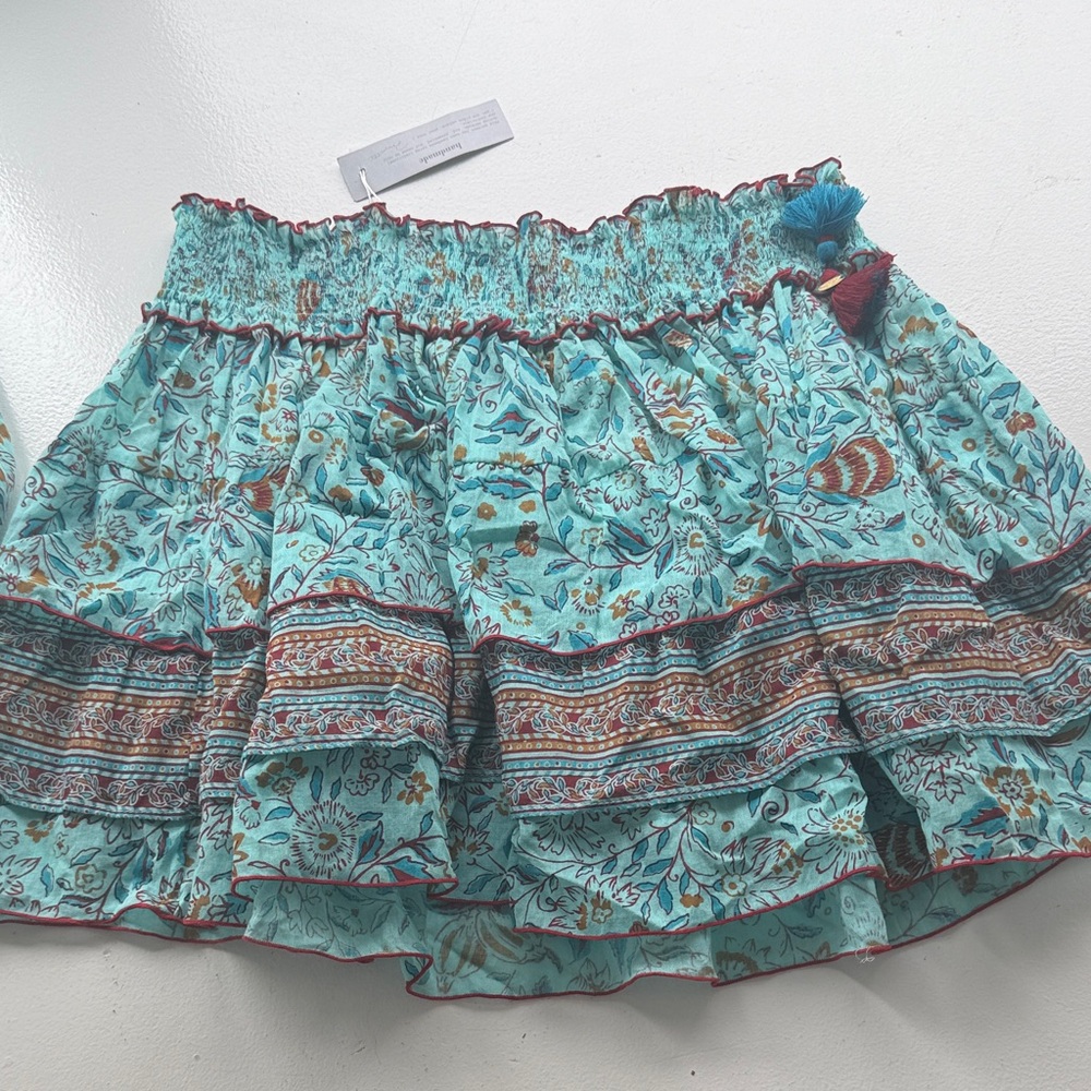Poupette St. Barth Aqua Floral Tiered Skater Skirt with Tassels